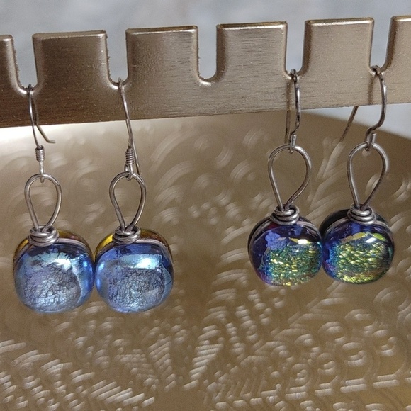 Vintage Jewelry - Round Dichroic Glass Sterling Wrapped Earrings